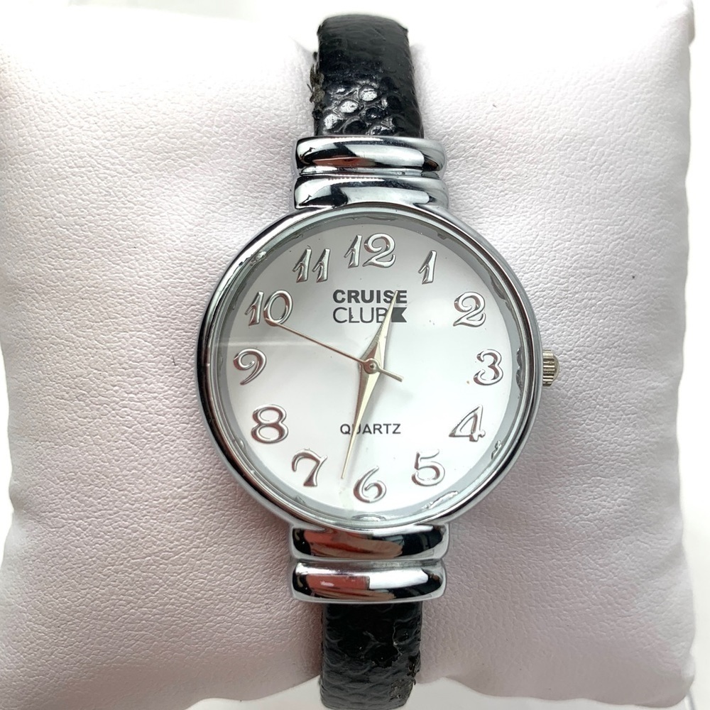 Cruise Club Faux Leather Quartz Hinged Cuff Watch - Silver/Black, 29mm